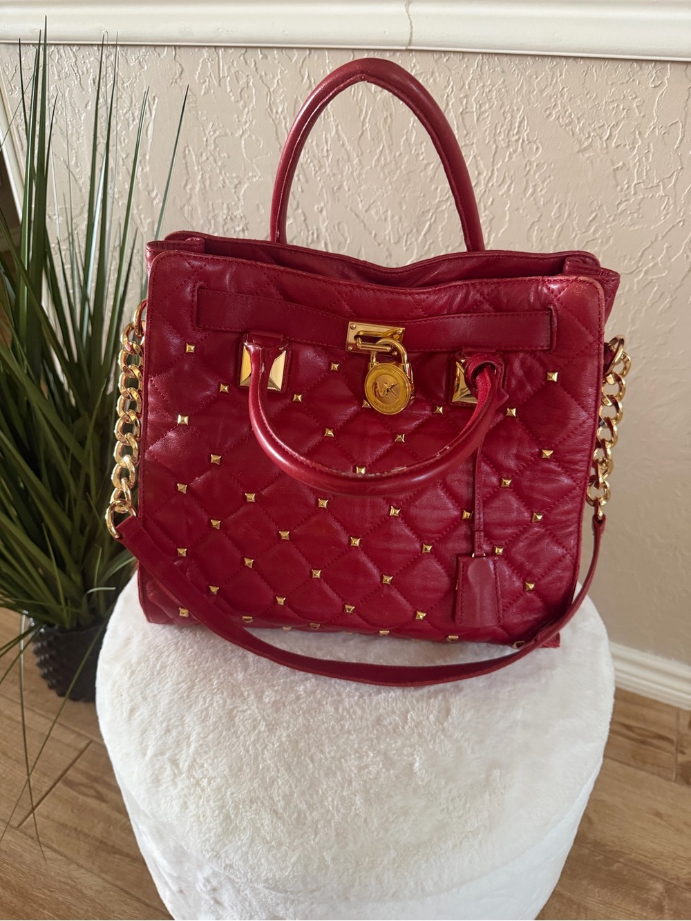 Michael Kors Red Quilted Leather Studded Hamilton Satchel Bag – Rare Edition
